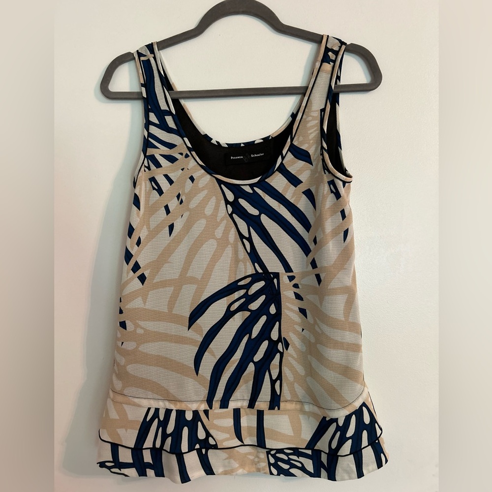 RARE Designer Proenza Schouler 100% Silk Abstract Tank. Color: Tan/Navy. Size:0